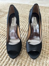 Badgley Mischka Black Satin Peep Toe Heels with Crystal Embellishments size 10
