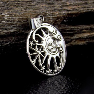 Massiver 925 Sterling Silber Sonne Mond Anhänger Himmel Sonne Gesicht Sterne Astrologie