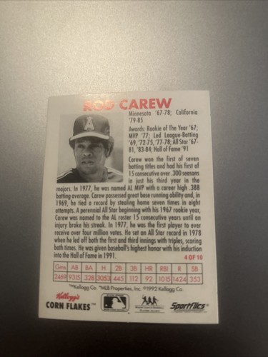 1992 Rod Carew Kellogg's Corn Flakes All Star Card # 4 of 10 HOF Angels/Twins NM - Picture 2 of 2