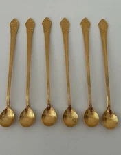 Six Janis Collection 24K Gold Plate Iced Tea Spoons Shell Design Vintage Sweden