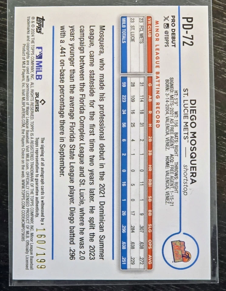 Diego Mosquera 2024 Topps Pro Debut Sparkle Foil Auto /199 #PD-72 - Image 2 of 2