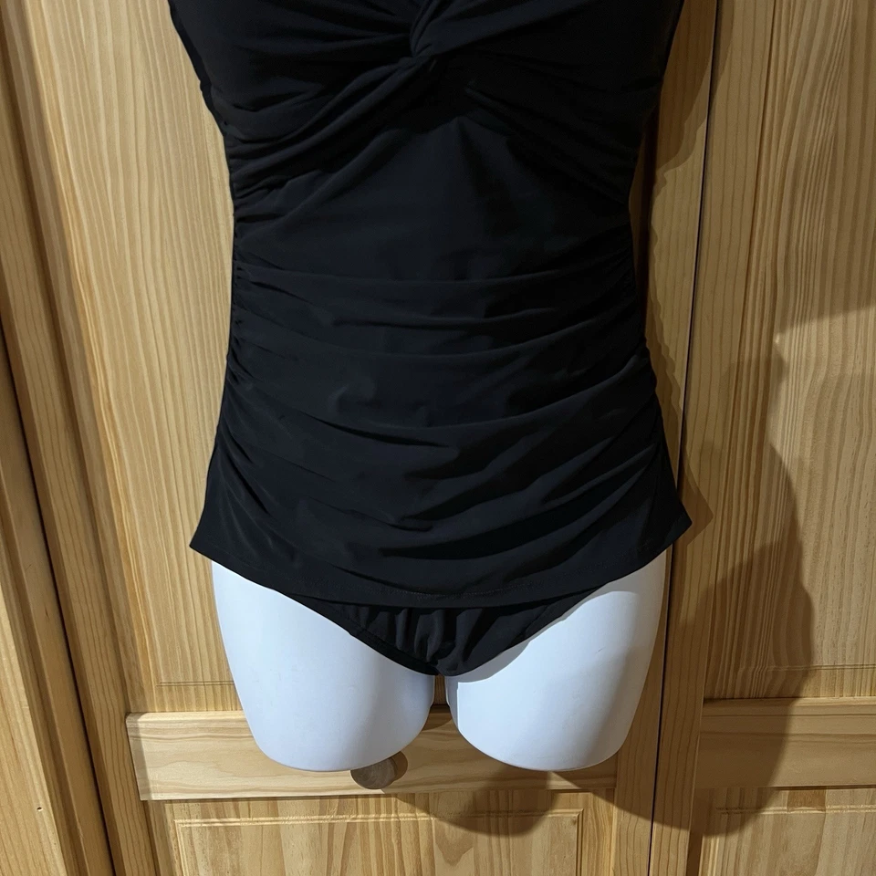 LL BEAN Black One Piece Swimsuit Ruched Draped Front Size 10 UPF 40+ - Image 4 of 4