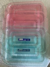 Vintage Lustro Ware Set 4 Pink Aqua Plastic Trays Mid Century Snack Serving Lap