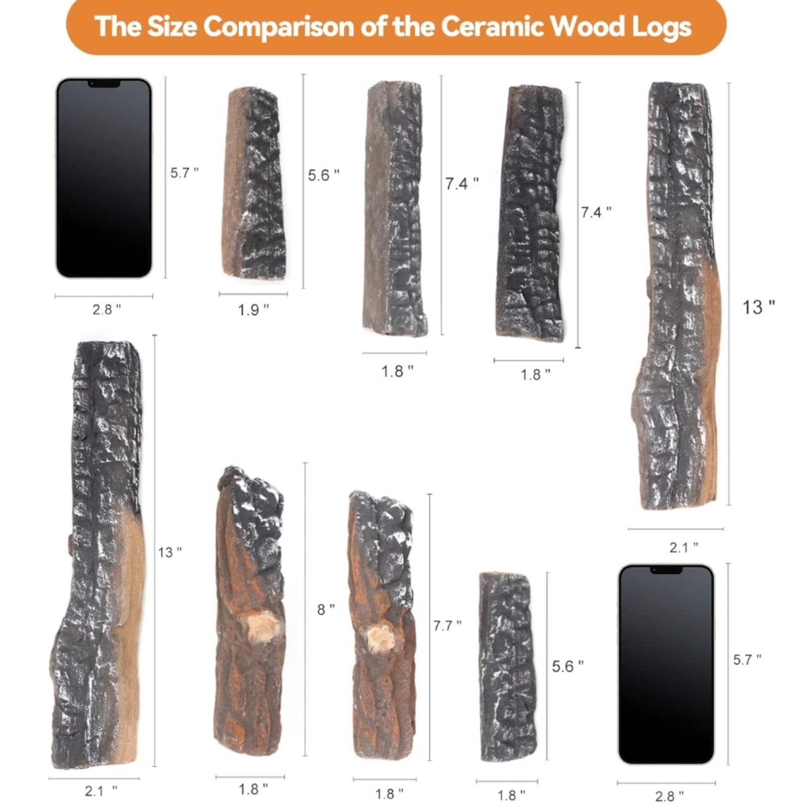 Skyflame 8 Small Piece Set of Ceramic Wood Logs and Accessories for All Types of