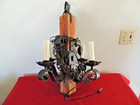 Vtg Wrought Iron Wood Swag Chain Hanging Ceiling Light Candle Gothic Medieval