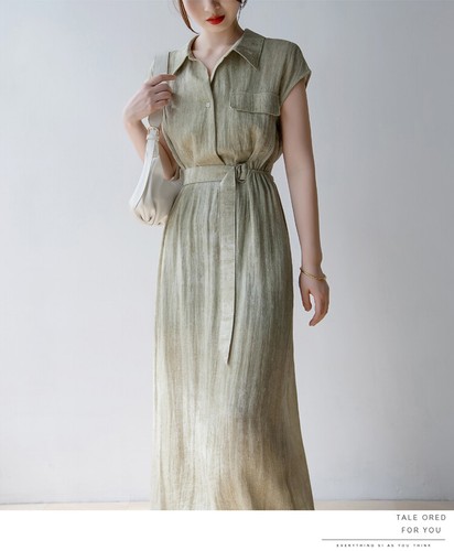 Light Green Linen Shirt Collar Long Dress Women's Summer Light Luxury Long Dress - Picture 10 of 26