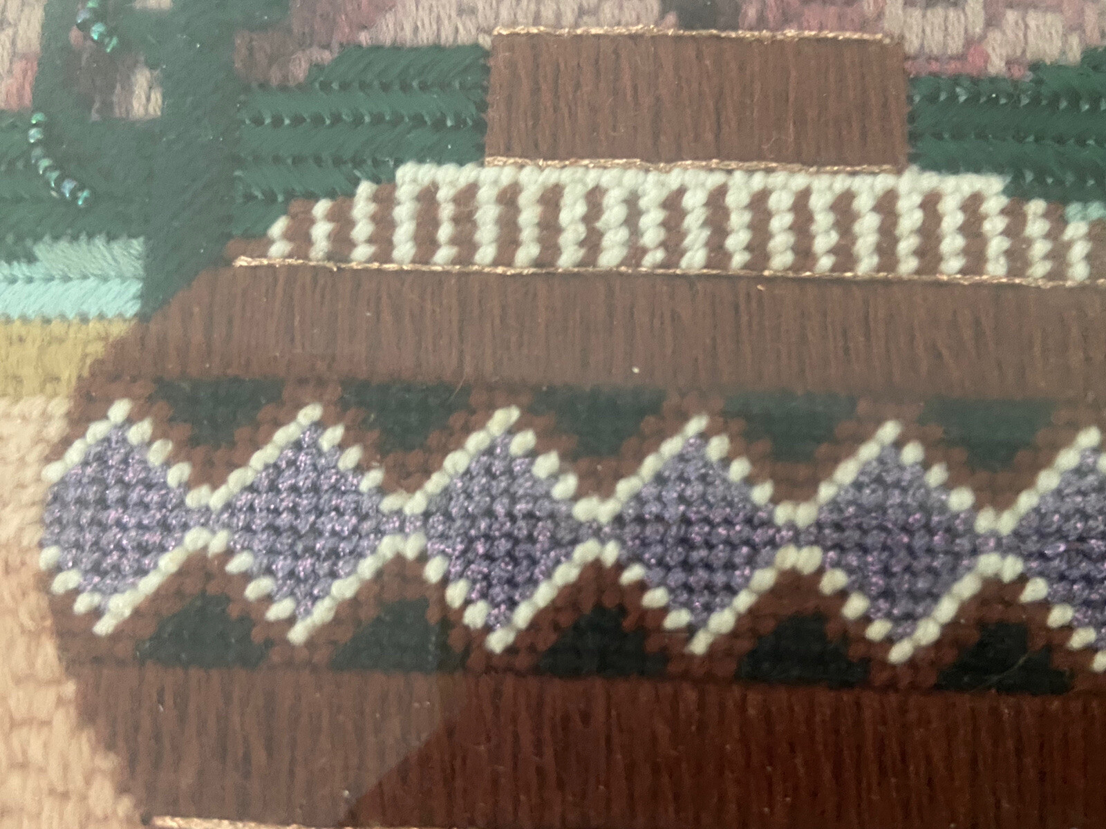 Needlepoint Handcrafted South Western Pottery Pair Framed Art Beaded Metallic Nowa niska cena