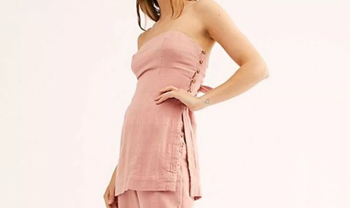 NEW FREE PEOPLE SZ S M ENDLESS SUMMER THIS IS LOVE TUBE TOP CROP PANTS SET PINK - Picture 3 of 3