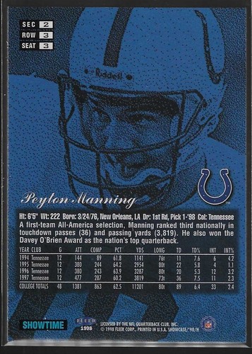 Tarjeta de novato Peyton Manning Fleer 1998 Flair Showcase fila 3: #3 casi nueva patio - Imagen 2 de 2