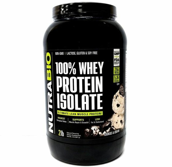 100 Whey Protein Isolate Cookies and Cream by NutraBio 2 Pounds for