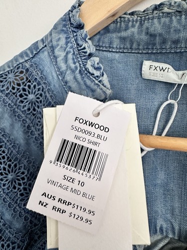New Foxwood Sz 10 Nico Blue Chambray Lace Raw Hem Button Up Long Sleeve Top $119 - Picture 4 of 11