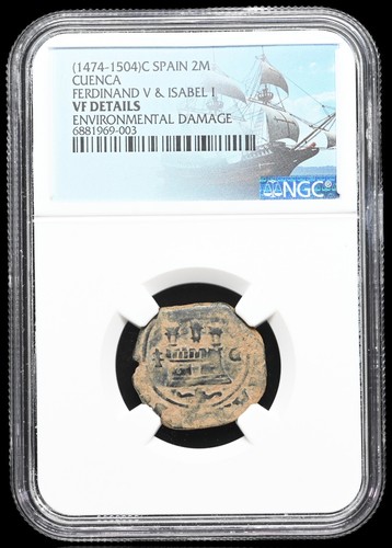 COLONIAL ERA SPAIN. Ferdinand and Isabella, 1474-1504, 2 Maravedis, NGC VF - Picture 3 of 4