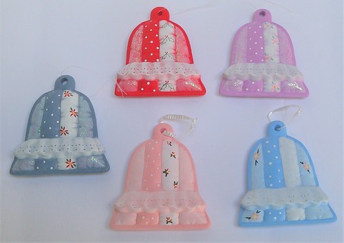 Hand Painted Stuffed Quilt Look Ceramic Christmas Bell Ornaments 5-piece