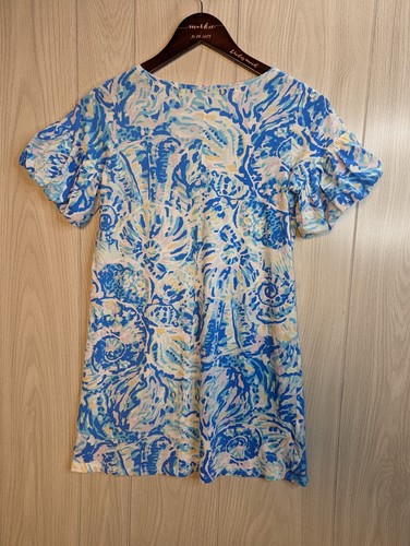 LILLY PULITZER Girl's Mini Lindell Dress Bennet Blue Shell Puff Sleeve, XL 12 14 - Picture 3 of 6