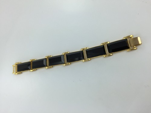Beautiful Imitation Faceted Onyx Segment Style Bracelet Brass Goldtone 7.5" - Picture 3 of 6