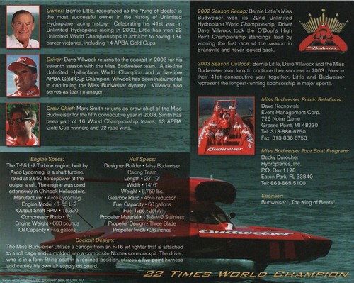 Miss Budweiser Hydroplane Racing Bernie Little Dave Villwock 22x Champions Print - Picture 2 of 2