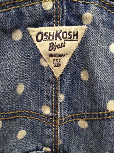 OshKosh Bgosh Girls Blue and White Polka Dot Denim Overalls Pants Size 4 V Back - Picture 6 of 8