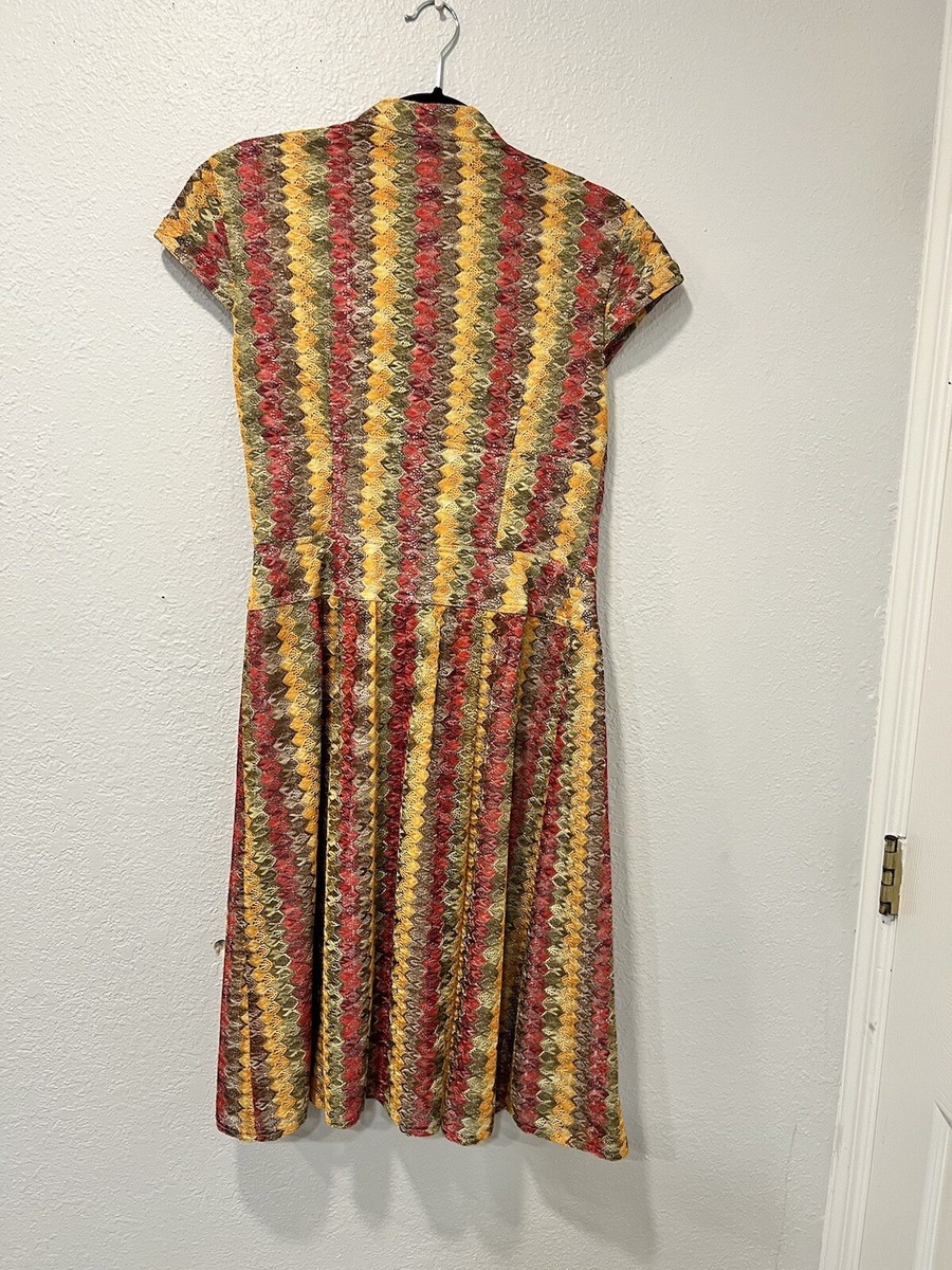Kay Unger Dress striped Knit Crochet Colorful Fit And Flare Full Buttons Up Sz10 Kay Unger Dress striped Knit Crochet Colorful Fit And Flare Full Buttons Up Sz10