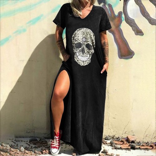 Plus Size Long Skull Print Dresses Loose O Neck Short Sleeve High Slits Dress - Picture 23 of 48