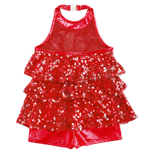 Kids Girls Halter Neck Shiny Sequins Tiered Dress Modern Jazz Latin Dancewear - 第 54/95 張圖片