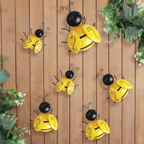 HKKDKTA Metal Outdoor Wall Art Decor, 6 PCS Bumble Bee Decor yellow bees - Picture 2 of 8