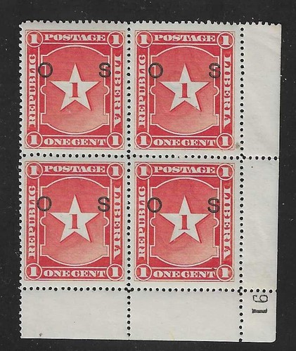 Liberia 1894, 1c Stern OS Offiziell, Bogen Nr. Eckblock (4) #O15 Waterlow