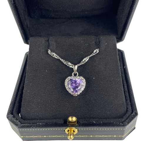 White Gold Finish Heart Cut Purple Amethyst Created Diamond Necklace - Picture 5 of 5