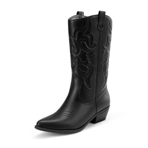 Women Pull On Mid Calf Wedge Heel Cowboy Cowgirl Western Mid Calf Boot - Picture 9 of 36