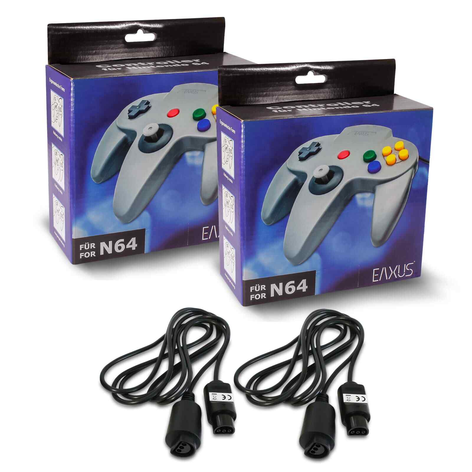 2x EAXUS N64 Controller 2 Verlängerungskabel SuperPad Nintendo 64 Joypad NEU
