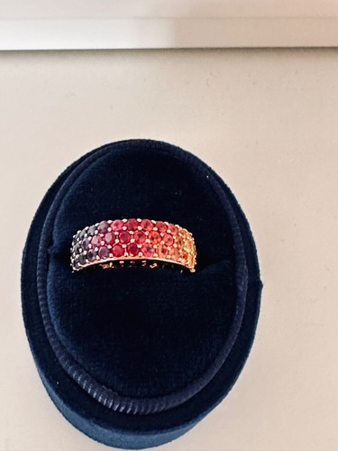 Handmade 18K Rose Gold 3 Row Rainbow Sapphire Eternity Band Ring Size 6.5 - Picture 13 of 13