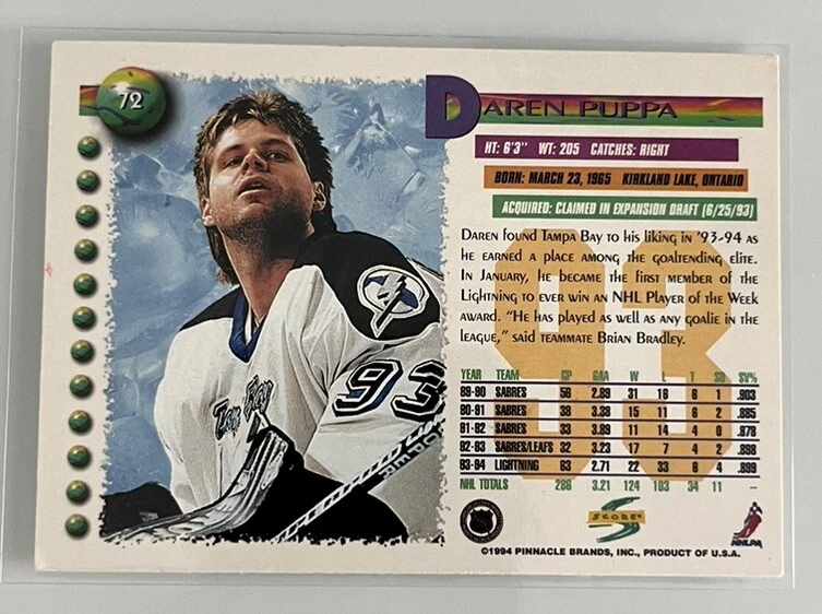 1994-95 Score Daren Puppa #72 Auto Autograph Signed Tampa Bay Lightning - Image 2 of 2
