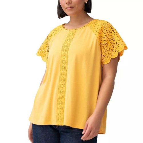Cable&Gauge sz:XL Women's Crew Neck Short Flutter Sleeve Lace Blouse Top Yellow - Bild 2 von 10