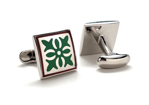 Santa Fe Blüte Manschettenknöpfe Spanische Fliese Grün Braun Emaille Silber Gerade Wal - Bild 4 von 9