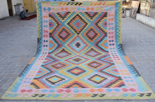 Alfombra Kilim área afgana geométrica azul 8x11 alfombra tradicional tribal grande tejida a mano - Imagen 2 de 12