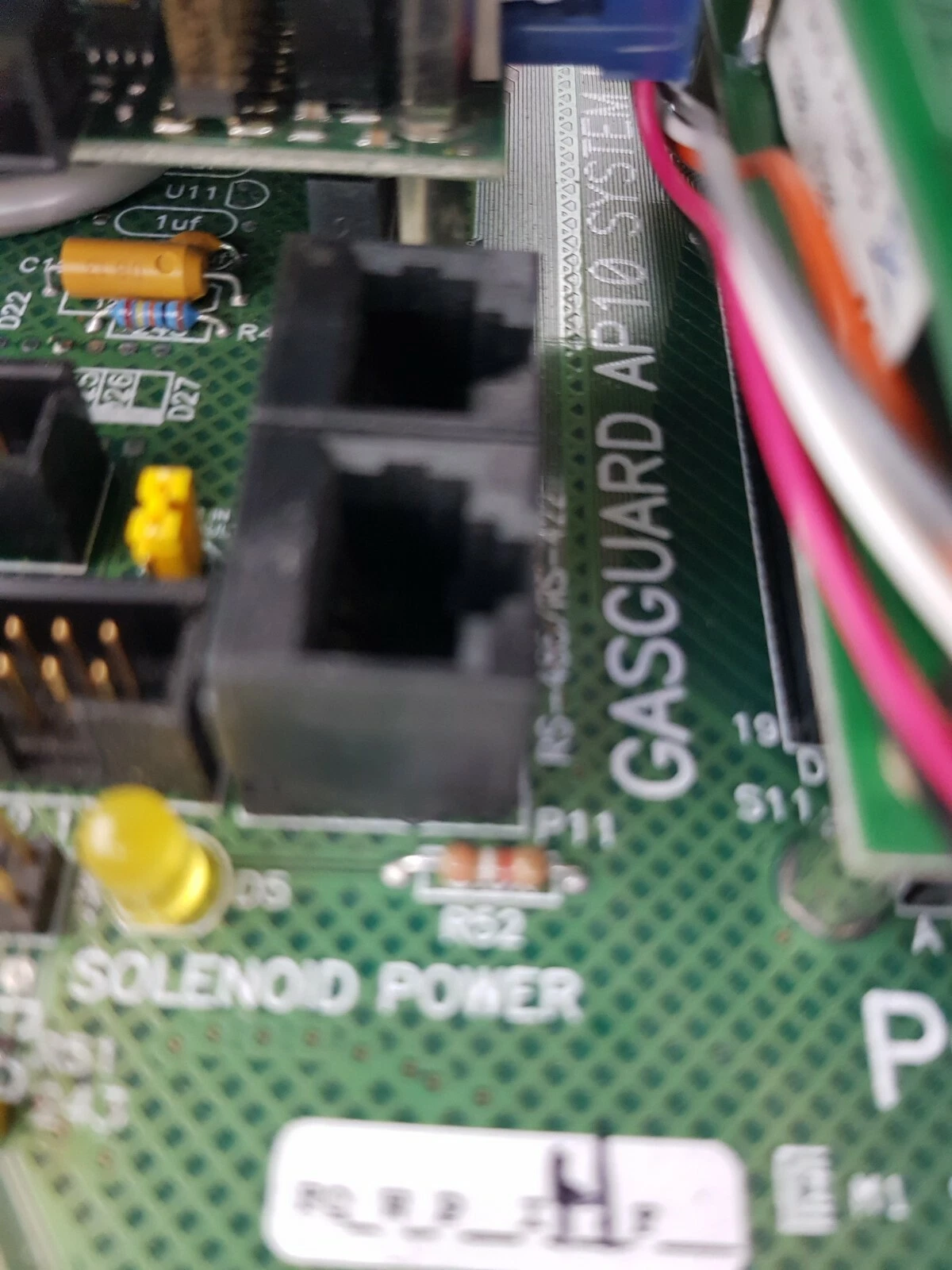 Gasguard AP10 System silkscreen next to RJ jacks and solenoid power LED