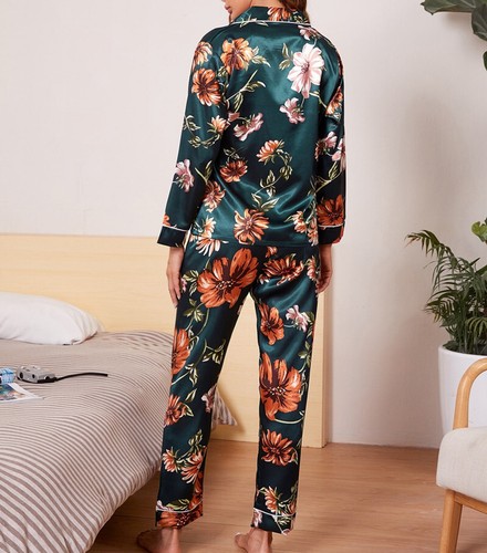 Womens Satin Pyjamas Ladies PJs Silk Long Sleeve Soft Nightwear Sleepwear Set - Picture 69 of 73