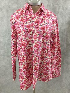 Lands-End-16-T-top-button-down-blouse-pink-floral-long-sleeve-no-iron-supima