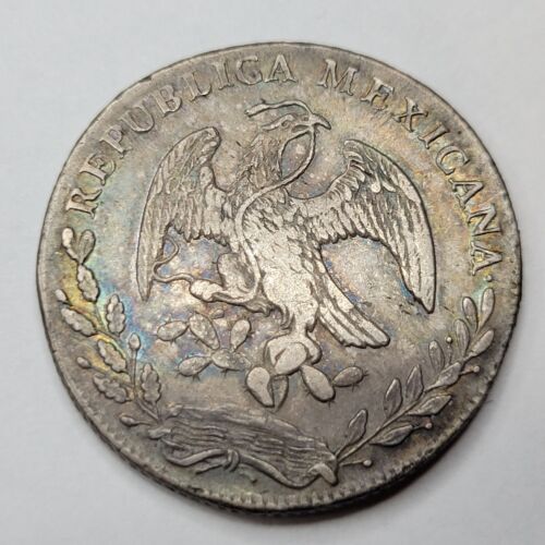 1842 Mo 8 Reales Mexico RAINBOW TONED Circulated Cap & Rays Rim Hit *G727 - Picture 2 of 4