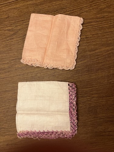 LOT 2 VINTAGE HANKY HANKIES PURPLE AND PINK IRISH LINEN HAND CROCHET - Picture 9 of 9