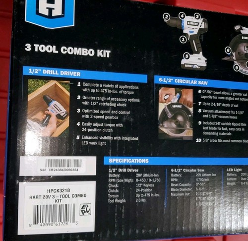 HART 20V 3-Tool Combo Kit: 1/2” Drill & Driver, 6-1/2 Circular Saw LED Light New - Picture 6 of 14