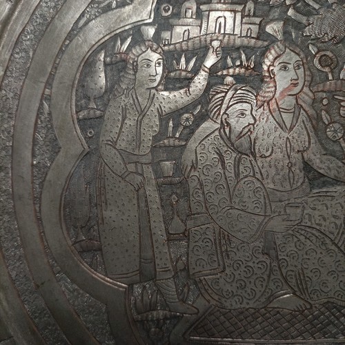Antique Engraved Copper Silver Tone Middle Eastern Persian Qajar Tray's Plate's - Picture 4 of 11