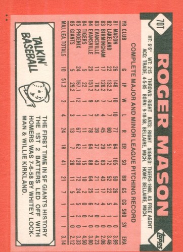 1986 Topps Traded #70T Roger Mason - Picture 2 of 2