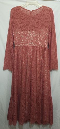 Adrianna Papell Kleid Damen 4 Prairie Style Rüschen Mauve Spitze Maxi Creme Slip - Bild 2 von 14