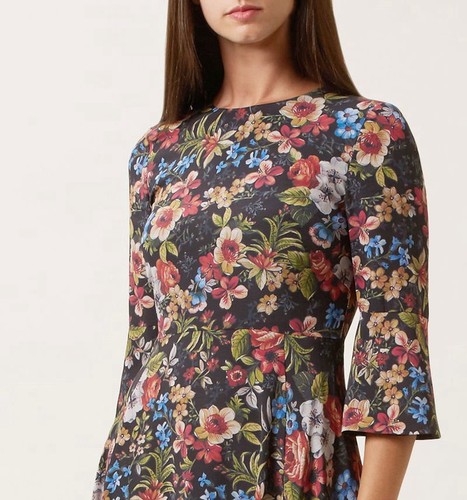 Hobbs Courtiers 100% Pure Silk Black Floral Midi Dress Wedding Guest Lined UK 12 - Picture 3 of 20