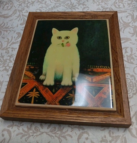 Vintage Folk Art Tile Trivet MCM Decor Wood Frame Martin Leman White Cat Rosebud - Picture 2 of 10