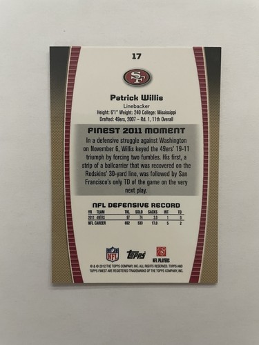 2012 Topps Finest Patrick Willis Card. San Fransisco 49ers Legend - Picture 2 of 2