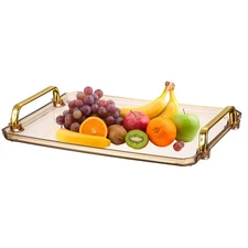 12 x 8.6" Plastic Serving Tray with Golden Handle, Gold