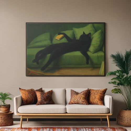 Decadent Young Black Cat Canvas Print - Vintage Cozy Large Framed Poster - Picture 2 of 19