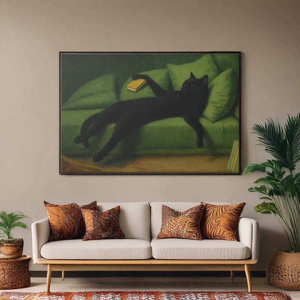 Decadent Young Black Cat Canvas Print - Vintage Cozy Large Framed Poster - Image 2 of 2