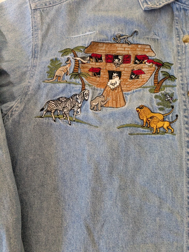 Camisa vaquera manga larga Lets Quiz Again vintage para mujer Arca de Noé talla pequeña Foto 3 de 4